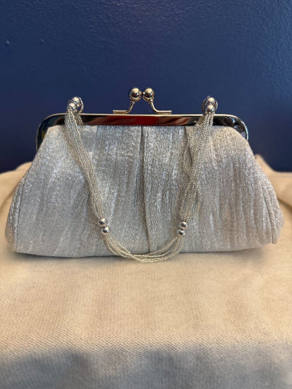 La Regale Silver Metallic Evening Clutch Beaded Handle Purse